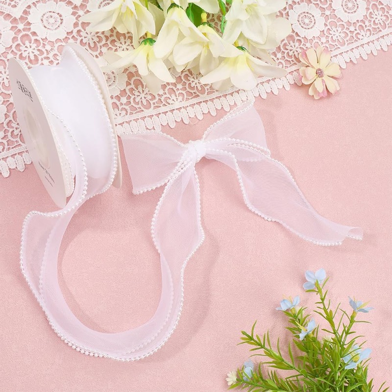 5 Yards White Faux Pearl Edge  – Organza Ribbon Spool recenzja i cena
