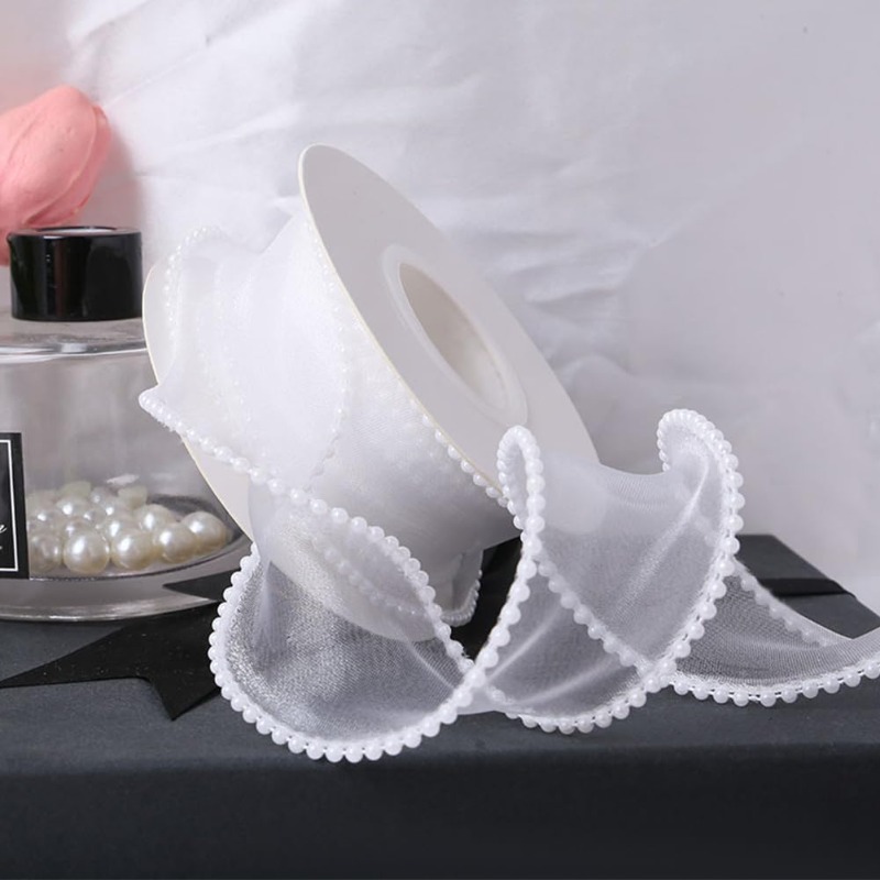 5 Yards White Faux Pearl Edge  – Organza Ribbon Spool recenzja i cena